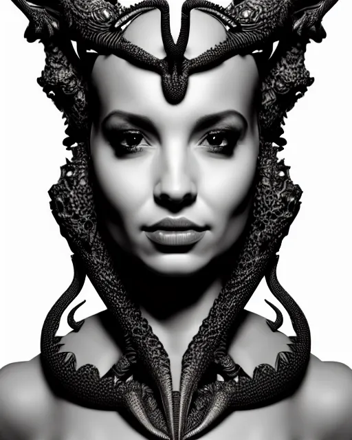 Image similar to a black and white 3D render of a young beautiful female queen-dragon-cyborg bust with a very long neck and Mandelbrot fractal face, Mandelbrot fractal skin, flesh, anatomical, facial muscles, veins, arteries, elegant, highly detailed, flesh highly baroque ornate, hair are cable wires, elegant, high fashion, rim light, octane render, in the style of H.R. Giger, Realistic, Refined, Digital Art, Highly Detailed, Cinematic Lighting, rim light, black and white, photo-realistic, 8K