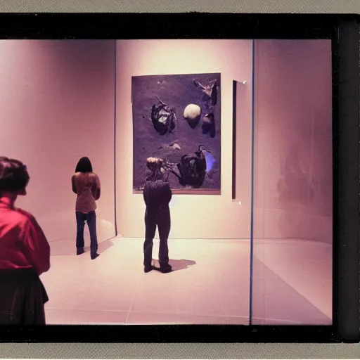 Prompt: visitors in museum looking at bosch and dali sculptures, 9 0 - s, polaroid photo, by warhol,