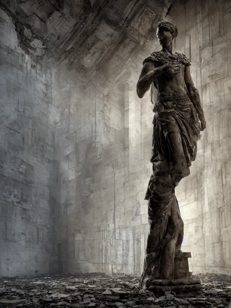 Prompt: portrait of a statue, standing in a hall of abandoned ancient megacomplex; hyperrealistic, 4K wallpaper, cinematic lighting, highly detailed and beautiful