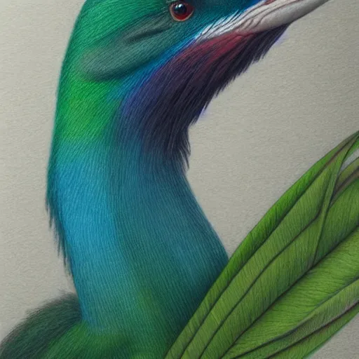 Prompt: a realistic coloured pencil drawing of a quetzal, realistic graphite, highly detailed, artstation, realism, photorealism, fine art, white background