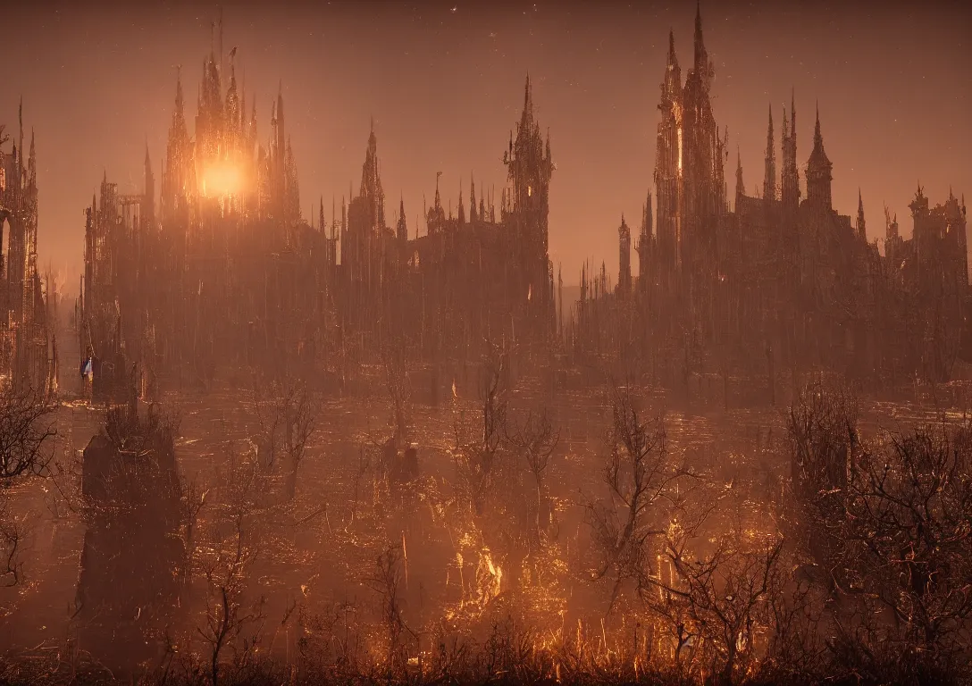 Image similar to the golden spires of the carcosa palace are illuminated by huge black sun, and the lake reflecting yhtill's remnants curled gunsmoke. 8 k, bloodborne cg style, unreal engine 5