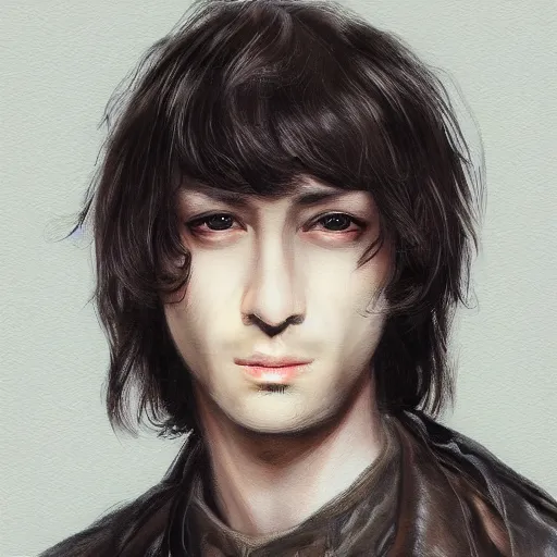 Prompt: portrait of a man by ayami kojima, he is about 3 0 years old, short black hair with bangs, his features are a mix between french, turkish and russian and he is wearing a beige and black utility jumpsuit, scifi, highly detailed portrait, digital painting, artstation, concept art, smooth, sharp foccus ilustration, artstation hq