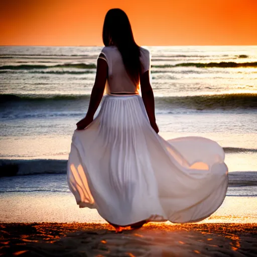 Image similar to a beautiful photograph of a woman in a white dress on the beach at sunset, by krysia lukkason