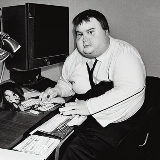 Image similar to portrait photo of old, fat spiderman working at a desk