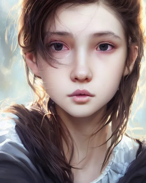 Image similar to portrait of 1 5 - year old girl with lush frizzy untamable brown hair, large front teeth, and bright piercing brown eyes, hyper realistic face, beautiful eyes, character art, art by artgerm lau and wlop and and ilya kuvshinov and john singer sargent, hyperdetailed, cryengine, trending on artstation, wizard, digital art