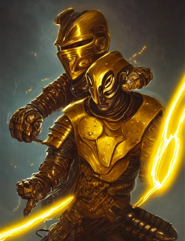 Image similar to a masked cyberpunk warrior in golden armour with a glowing golden gauntlet, surrounded by crackling golden lightning and energy, by frank fazetta and peter mohrbacher, trending on artstation, digital art, 4 k resolution, detailed, high quality, sharp focus, hq artwork, coherent, insane detail, concept art, character concept, character full body portrait