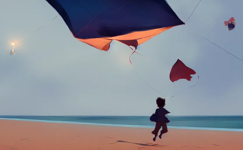 Prompt: child flying a kite at the beach by atey ghailan and garmash, michael, cinematic, volumetric lighting