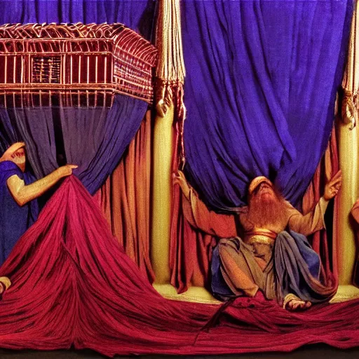 Image similar to cinematic still of the ark of the covenant, background is curtain of blue, purple and scarlet yarn and finely twisted linen with cherubim woven, Biblical epic movie directed by Steven Spielberg