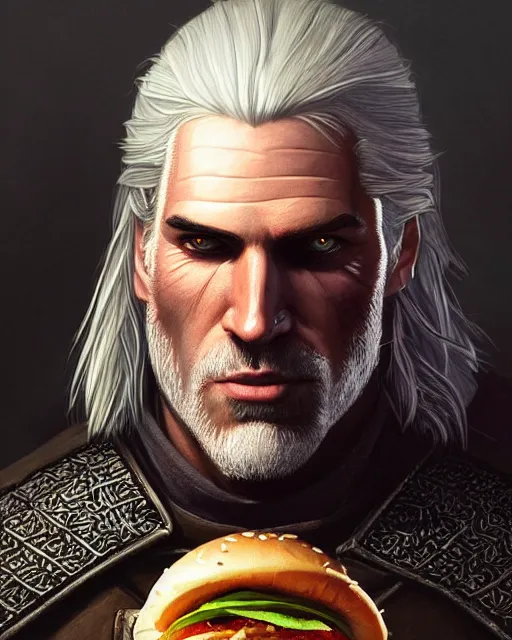 Image similar to portrait of geralt of rivia eating a hamburger, fantasy, intricate, elegant, highly detailed, digital painting, artstation, concept art, smooth, sharp focus, illustration, by artgerm and greg rutkowski