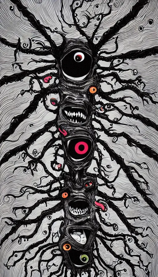 Image similar to a storm vortex made of many demonic eyes and teeth, by alex pardee