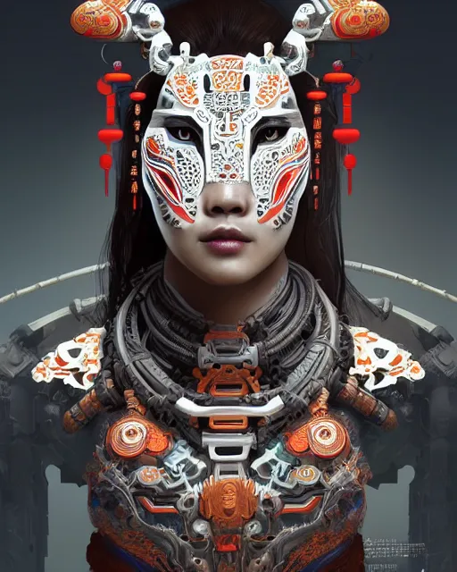 Image similar to portrait of a machine from horizon zero dawn, machine face, upper body, decorated with chinese opera motifs, asian, traditional chinese art, intricate, elegant, highly detailed, digital painting, artstation, concept art, smooth, sharp focus, illustration, art by artgerm and greg rutkowski and alphonse mucha, 8 k