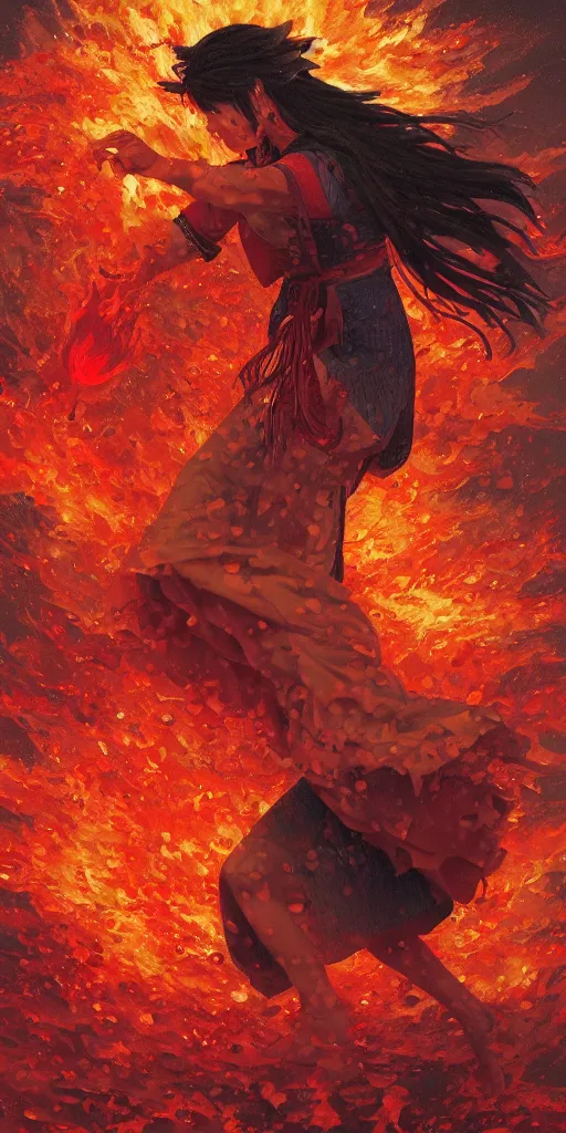 Image similar to shaman dancing under a rain of fire and ruby, art by Hirano Miho and Kotak Bella and Kawase Hasui and Keene Lisa, Trending on artstation