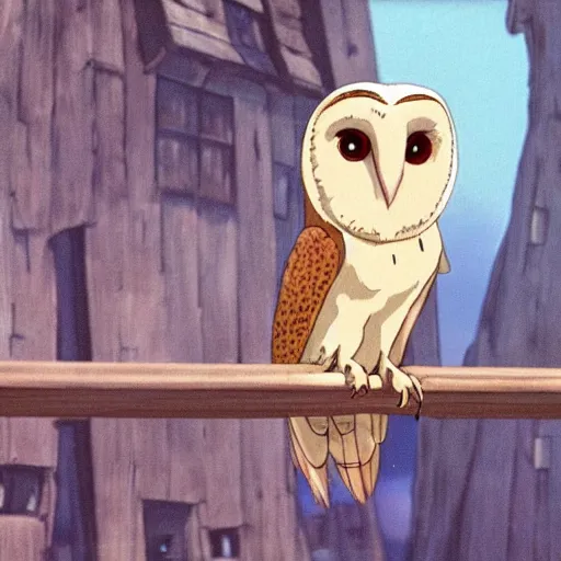 Prompt: a shot of a barn owl in a suit in howl's moving castle movie, movie shot, anime, hightly detailed, rescalated 4 k, detailed