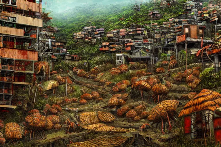 Image similar to favela winding lobster hive, wooded environment, industrial factory, haunting, award winning art, epic dreamlike fantasy landscape, ultra realistic,