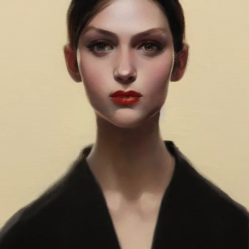 Image similar to An oil painting of a girl dressed in priest robes, 23 years old, (chad jaw line), long black hair, sharp facial features, beautiful, highly detailed, by Cédric Peyravernay, trending on artstation