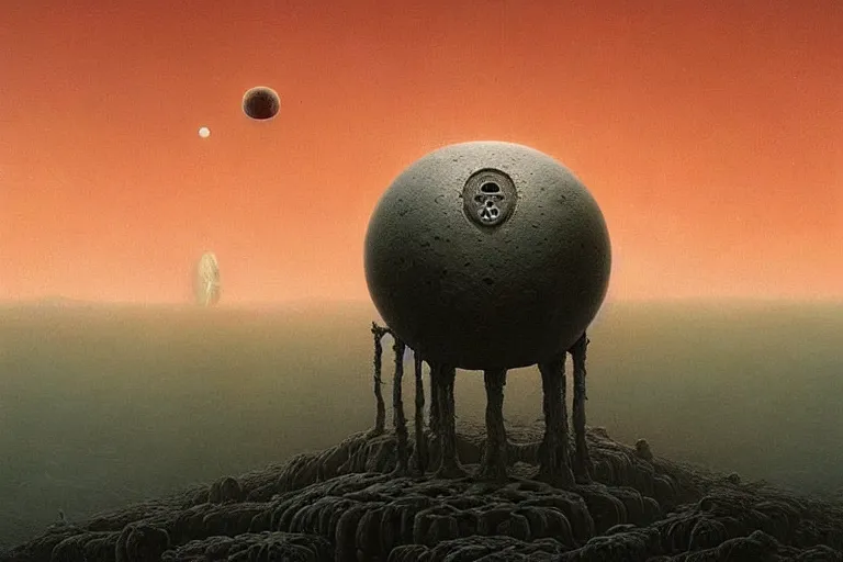 Prompt: a surreal and awe - inspiring science fiction landscape, skull moon in the sky looks like a skull, intricate, elegant, highly detailed matte painting by beksinski and simon stalenhag