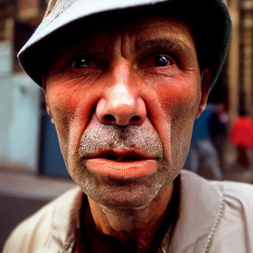 Image similar to closeup portrait of a sneaky man hiding trying to sell hotdogs in a smoky new york back street , by Annie Leibovitz and Steve McCurry, natural light, detailed face, CANON Eos C300, ƒ1.8, 35mm, 8K, medium-format print