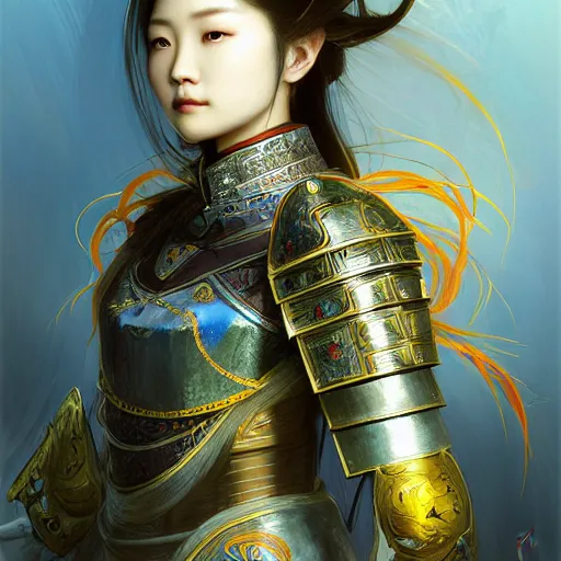 Image similar to beautiful and divine and holy and elite and colorlpunk three kingdom chinese female armor knight portrait like twice tzuyu+shinnyy eyes+front face with light flowing hair, ultradetail face, art and illustration by tian zi and craig mullins and WLOP and alphonse mucha, fantasy, intricate complexity, human structure, human anatomy, fantasy character concept, watermark, blurry, hyperrealism 8k