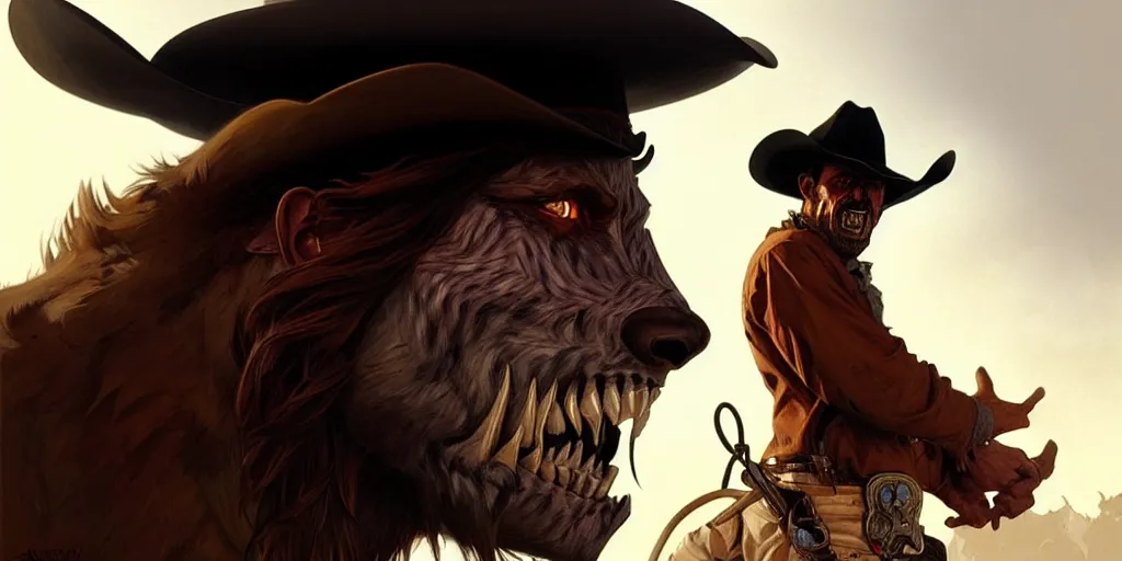 Prompt: a cowboy turning into a werewolf, highly detailed, digital painting, artstation, concept art, matte, sharp focus, illustration, art by artgerm and greg rutkowski and alphonse mucha