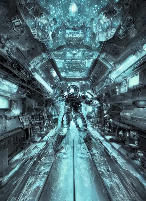 Image similar to concept art by craig mullins infrared complex and hyperdetailed technical astronaut dancing in futuristic dark and empty mirrored room underwater. reflection and dispersion materials. mandelbulb fractal. rays and dispersion of light. volumetric light. 5 0 mm, f / 3 2. noise film photo. flash photography. unreal engine 4, octane render. interstellar movie art