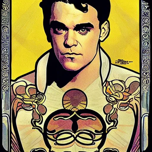 Prompt: robbie williams art by mucha.