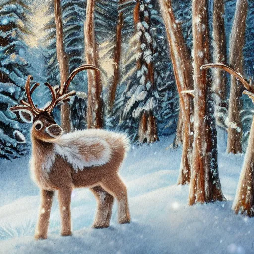 Prompt: cute fluffy baby reindeer sitting in snowy winter forest landscape detailed painting 4k