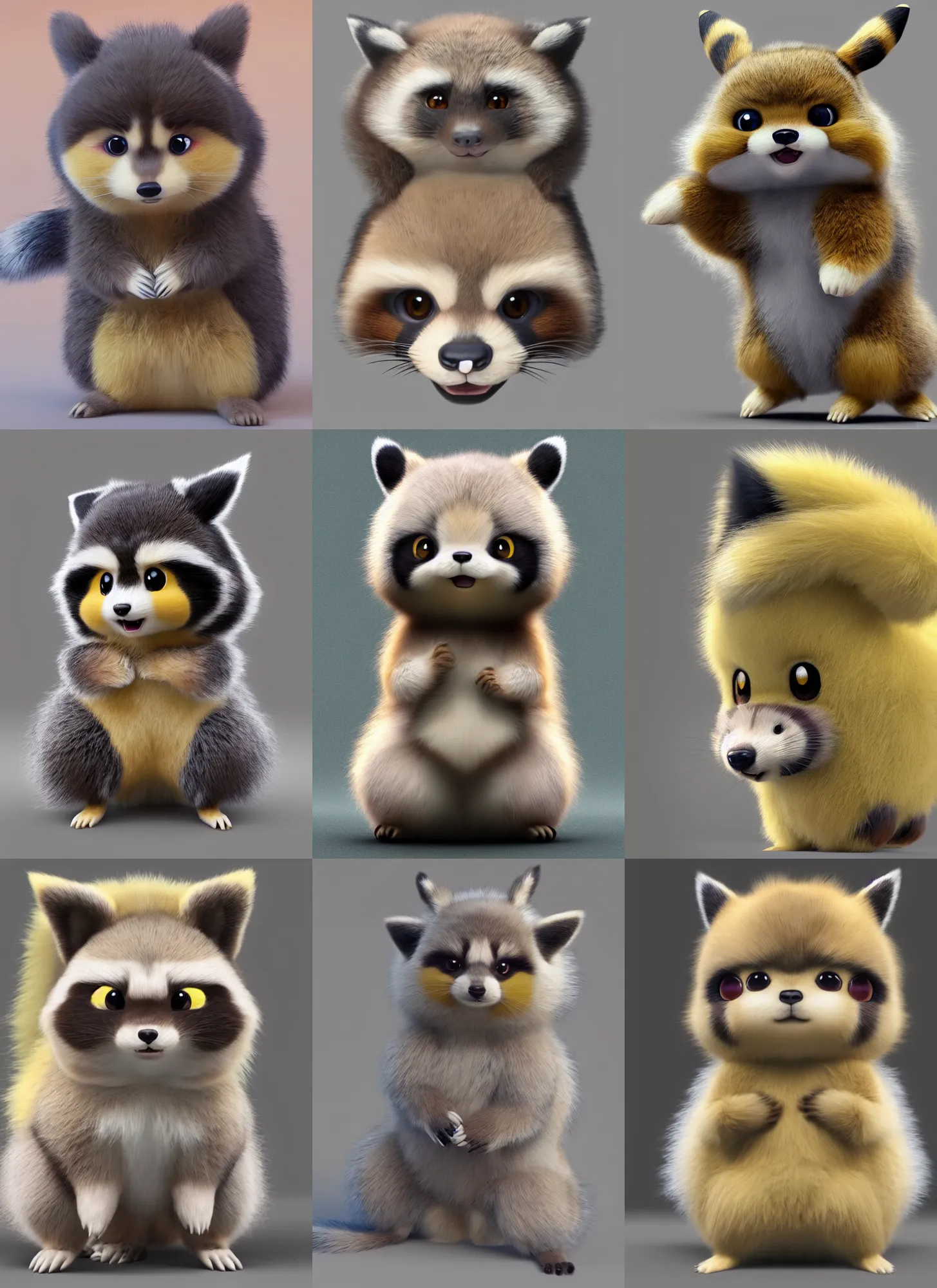 Prompt: high quality 3 d render hyperrealist very cute muted color fluffy! pikachu racoon hybrid highly detailed, vray smooth, in the style of detective pikachu, hannah yata charlie immer, soft indoor light, low angle, uhd 8 k, sharp focus