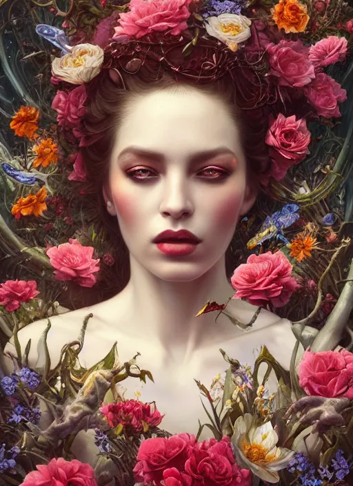 Image similar to portrait of the queen of the underworld, surrounded by flowers by karol bak, james jean, tom bagshaw, rococo, detailed eyes, trending on artstation, cinematic lighting, hyper realism, octane render, 8 k, hyper detailed.