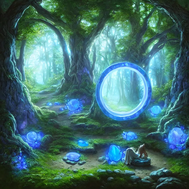 Image similar to Fantasy Magical fairy-tale glowing blue stone portal in the forest. Round stone portal teleport in trees to other worlds. Fantastic landscape. Magic Altar in the fores, highly detailed, digital painting, artstation, concept art, smooth, sharp focus, illustration, art by artgerm and greg rutkowski and alphonse mucha