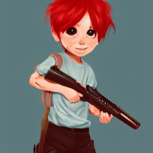 Image similar to a concept art of a boy with red hair holding a gun, highly detailed, digital painting, artstation, concept art, smooth, sharp focus, illustration