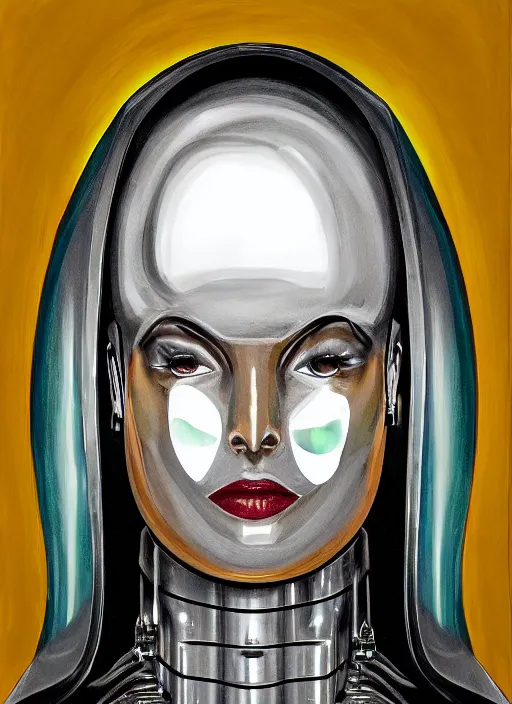 Image similar to portrait of robot queen with chrome skin and sodium dome car headlights for eyes