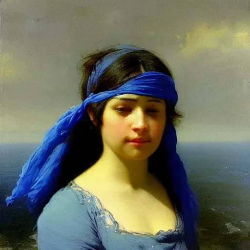 Prompt: a woman’s face, her eyes are covered with a blue satin blindfold, by ivan aivazovsky and alma tadema and and willen claesz heda