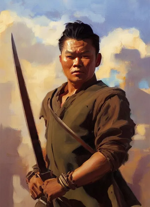 Prompt: greg manchess portrait painting of a filipino man holding a sword sitting on a tank, asymmetrical, profile picture, organic painting, sunny day, matte painting, bold shapes, hard edges, street art, trending on artstation, by huang guangjian, gil elvgren, ruan jia, randy vargas, greg rutkowski