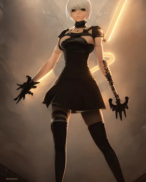 Image similar to full shot league of legends portrait of 2 b nier automata wearing a nazi uniform, au naturel, hyper detailed, digital art, trending in artstation, cinematic lighting, studio quality, smooth render, unreal engine 5 rendered, octane rendered, art style by klimt and nixeu and ian sprigger and wlop and krenz cushart.