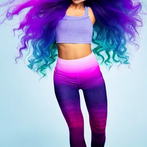 Prompt: a award winning full body shot of a beautiful woman in a croptop and leggings with a ombre purple pink teal hairstyle with head in motion and hair flying, outrun, vaporware, highly detailed, fine detail, intricate