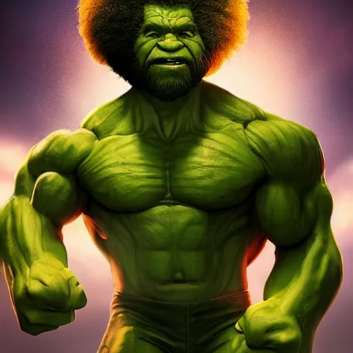 Prompt: full body portrait , photomanipulation of BOB ROSS as hulk with human flesh, marvel, fully detailed, volumetric lightening, octane render, 8k, masterpiece, epic composition, sharp focus