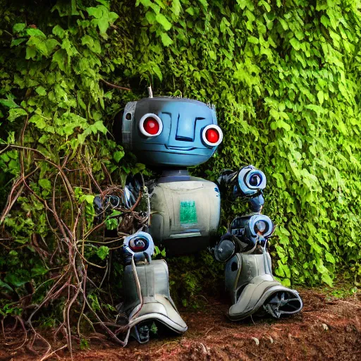 Prompt: an overgrown and dead robot, sitting against a cave wall, covered in vines