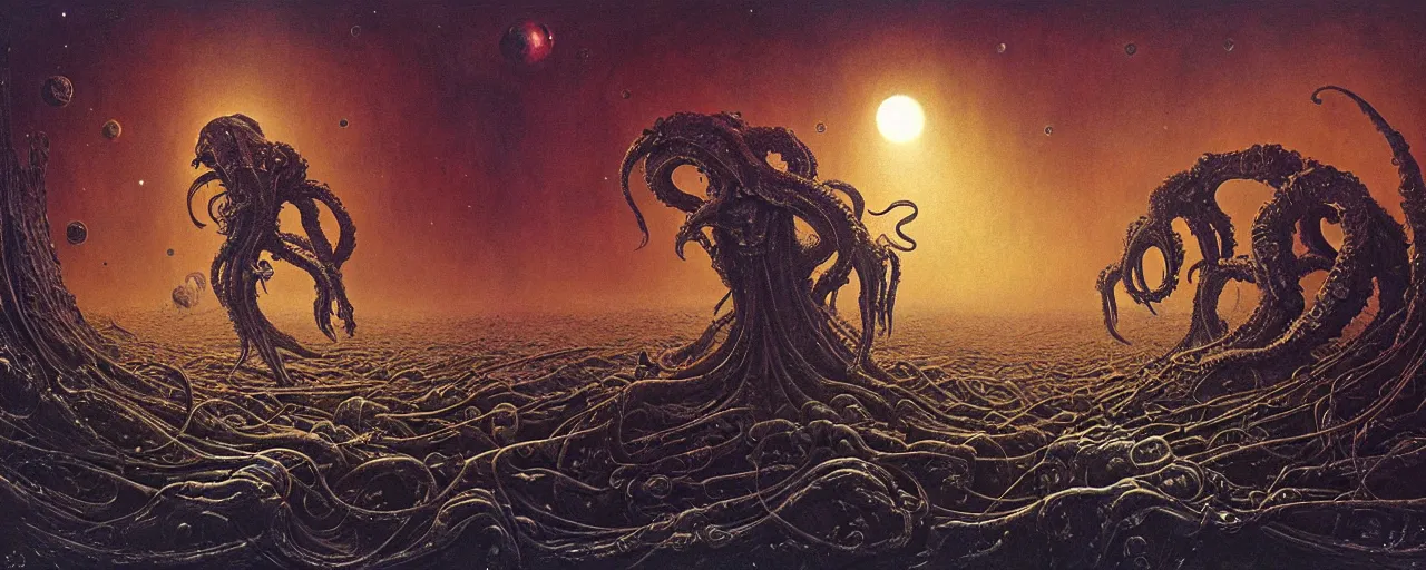 Image similar to outer space with eldritch terror and Cthulhu in the middle of composition, cosmic horror, ultra realistic, highly detailed, HD, sharp focus, cinematic lighting, realistic, art by HR Giger, art by Zdzislaw Beksinski