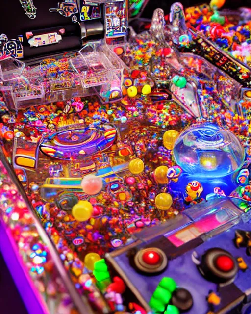 Image similar to crowded city made of arcade machines and buildings made of candy, cute elaborate epic robot, candy colors, pinball machine parts, symmetrical, bubbles everywhere, video game consoles, colored wires, translucent, clear parts, detailed by pokedstudio