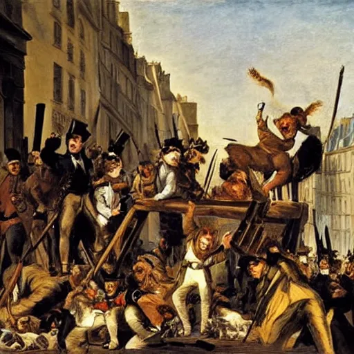 Prompt: Cat revolutionaries in various costumes on a barricade in Paris, 1848, oil on canvas, by Delacroix, 8k