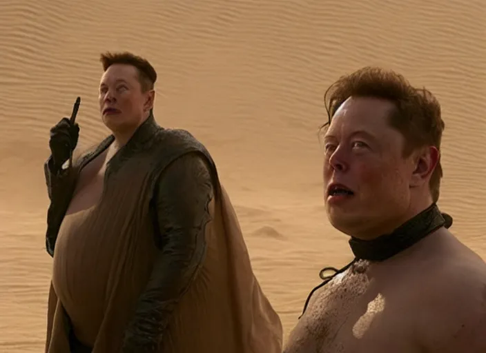 Image similar to elon musk as baron harkonnen in a black oil bath, Dune, Denis Villeneuve, film look