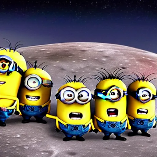 Prompt: macro photo of minions on the moon, cartoon image from movie