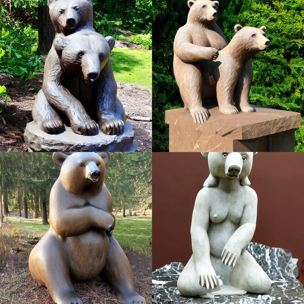 Prompt: Marble statue of brown bear