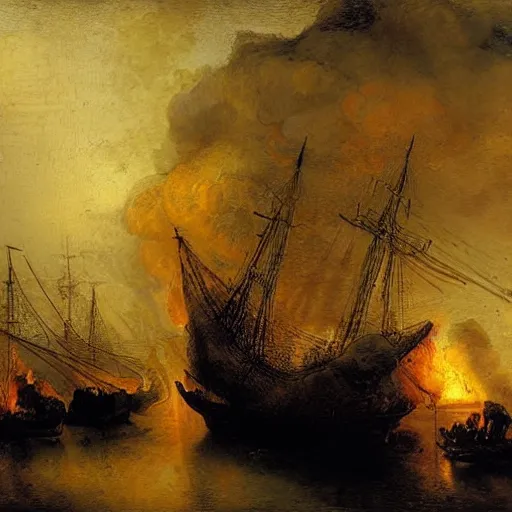 Prompt: Greek ships using flamethrowers to burn Arab ships in the byzantine period, arab ships are burning, oil on canvas by Rembrandt