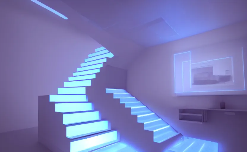 Image similar to stairs with soft blue lights in the roof, octane render, artstation trending, highly detailded