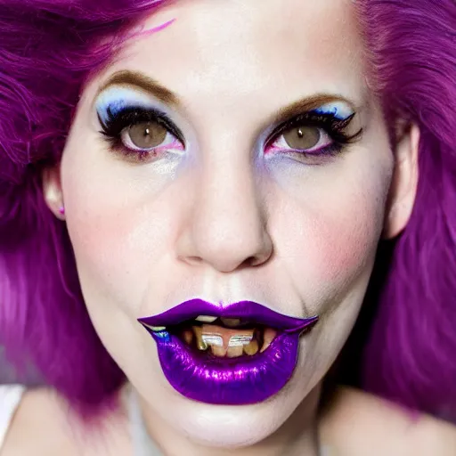 Image similar to a woman with pink hair, purple eyebrows, and a septum ring, editorial photography