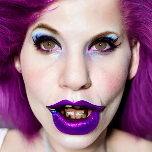 Prompt: a woman with pink hair, purple eyebrows, and a septum ring, editorial photography