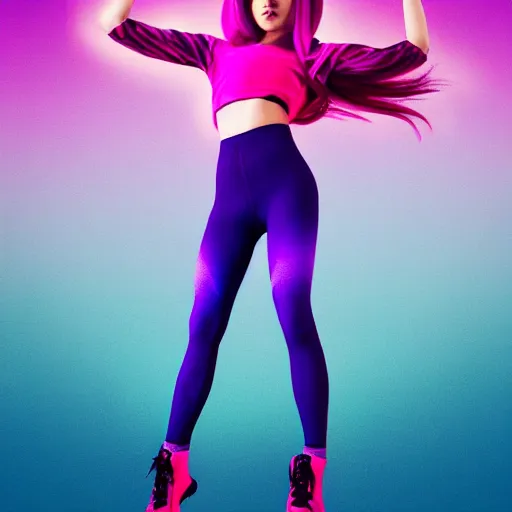 Image similar to a award winning full body shot of a beautiful woman in a croptop and gloves and leggings with a ombre purple pink teal hairstyle with head in motion and hair flying, outrun, vaporware, vivid colors, highly detailed, fine detail, intricate