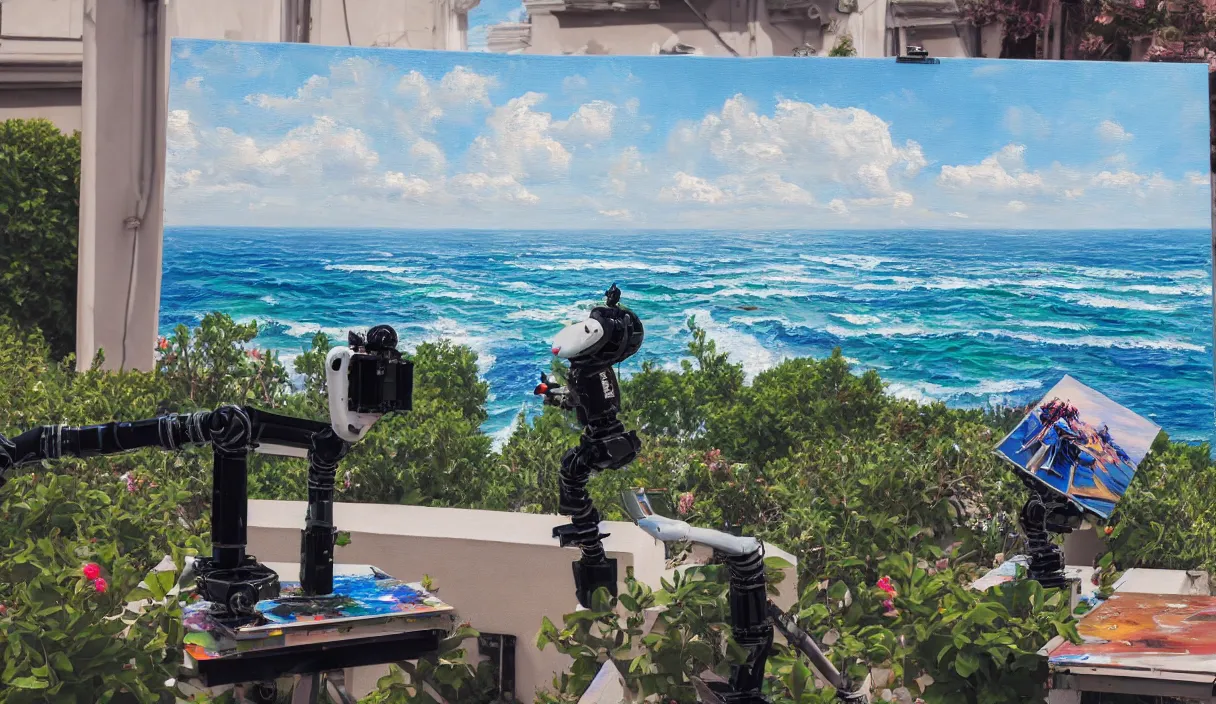 Image similar to an high resolution photo of a robot paiting a picture on a terrace over the sea, hyper detailed, photography, realistic, art, 8 k, unreal engine, cinematic, shallow focus, f 2. 8 3 5 mm, kodak film, 3 5 mm film