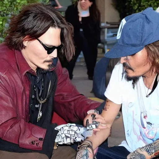 Prompt: johnny depp helping homeless people out